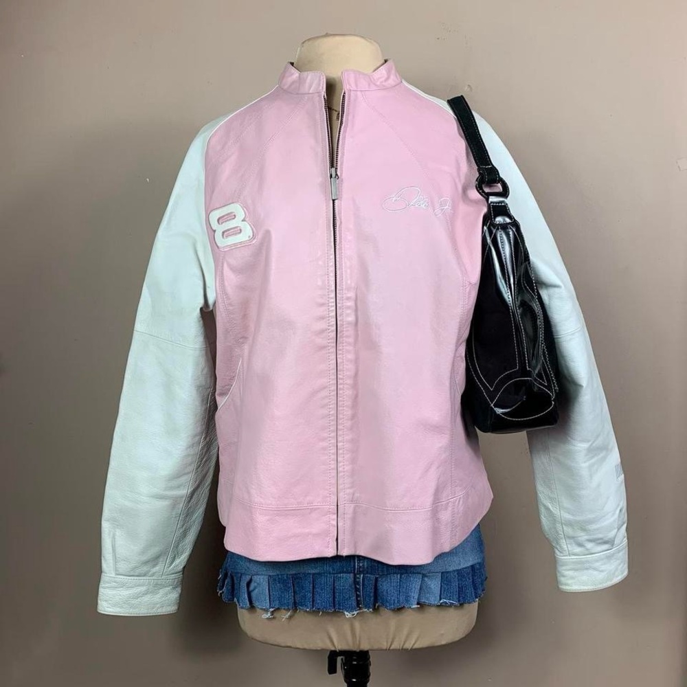 Y2K Dale Earnhardt Jr. Pink & White Leather Racing Jacket